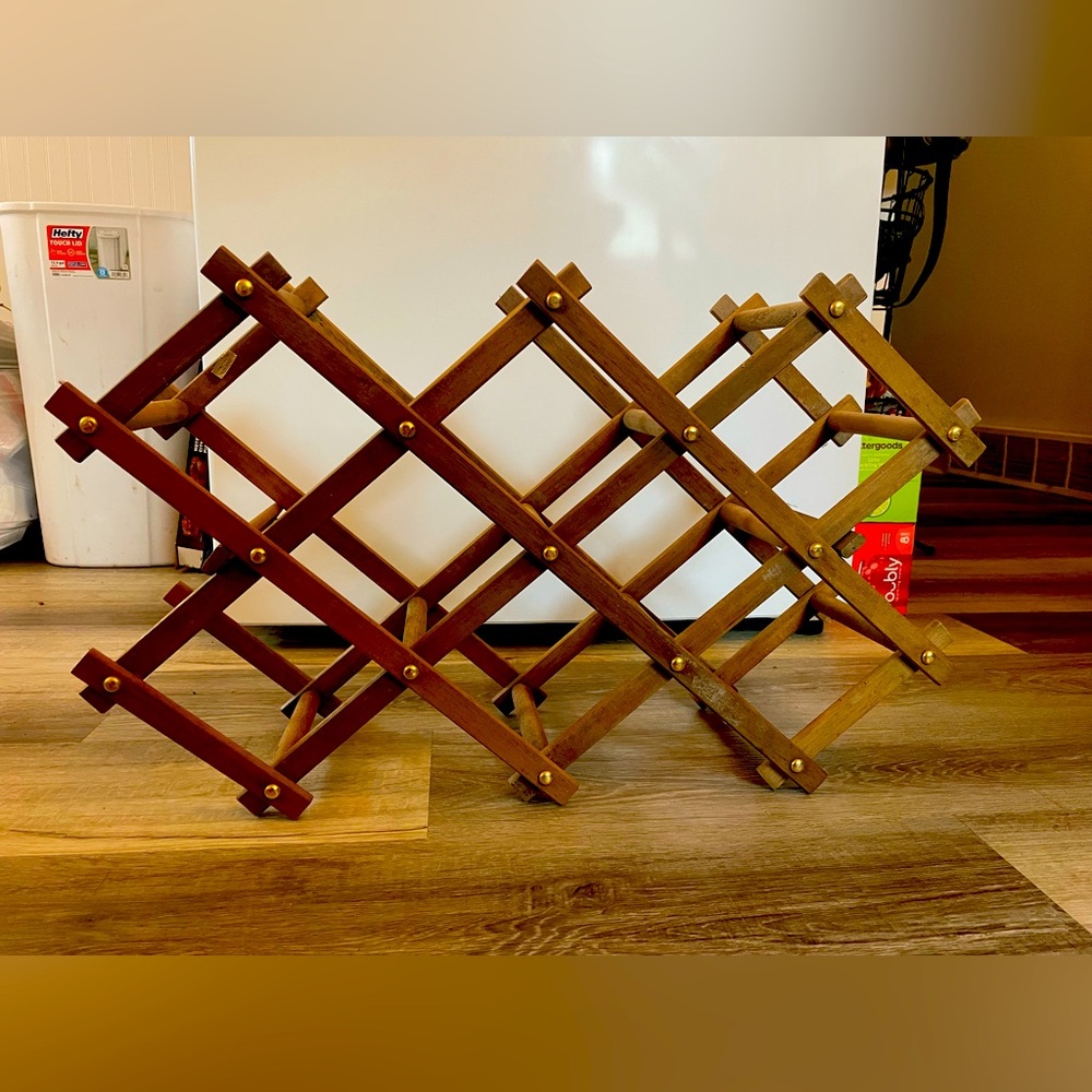 Vintage Wooden Accordion Folding Wine Rack With Decorative Brass Studs